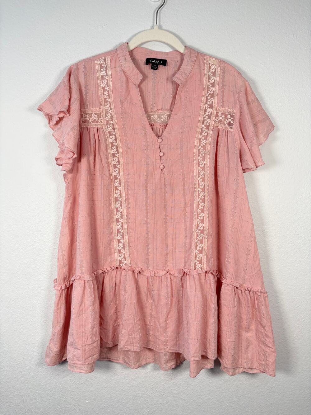Women's Boutique GiGiO USA Boho Pale Pink V Neck Ruffle Trim Flutter Sleeve Top